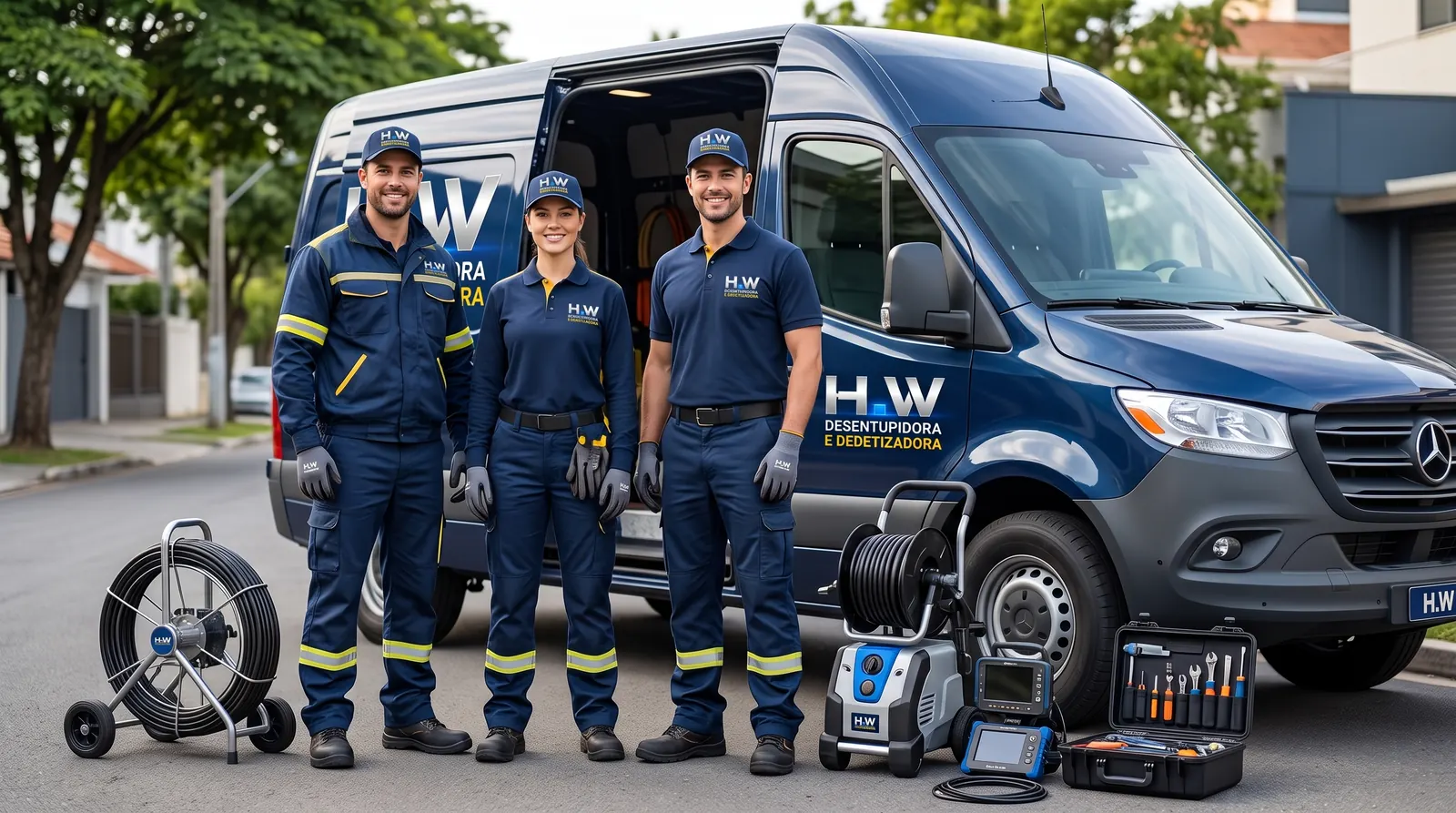 Ilustração: equipe da H.W uniformizada ao lado da van, com máquina desentupidora, hidrojato e câmera de inspeção